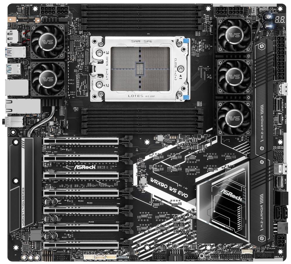 ASRock WRX90 WS EVO / AMD WRX90 / 8x DDR5 DIMM ECC / 2x M.2 / 2x SlimSAS / 2x MCIO / USB-C / DP / EEB